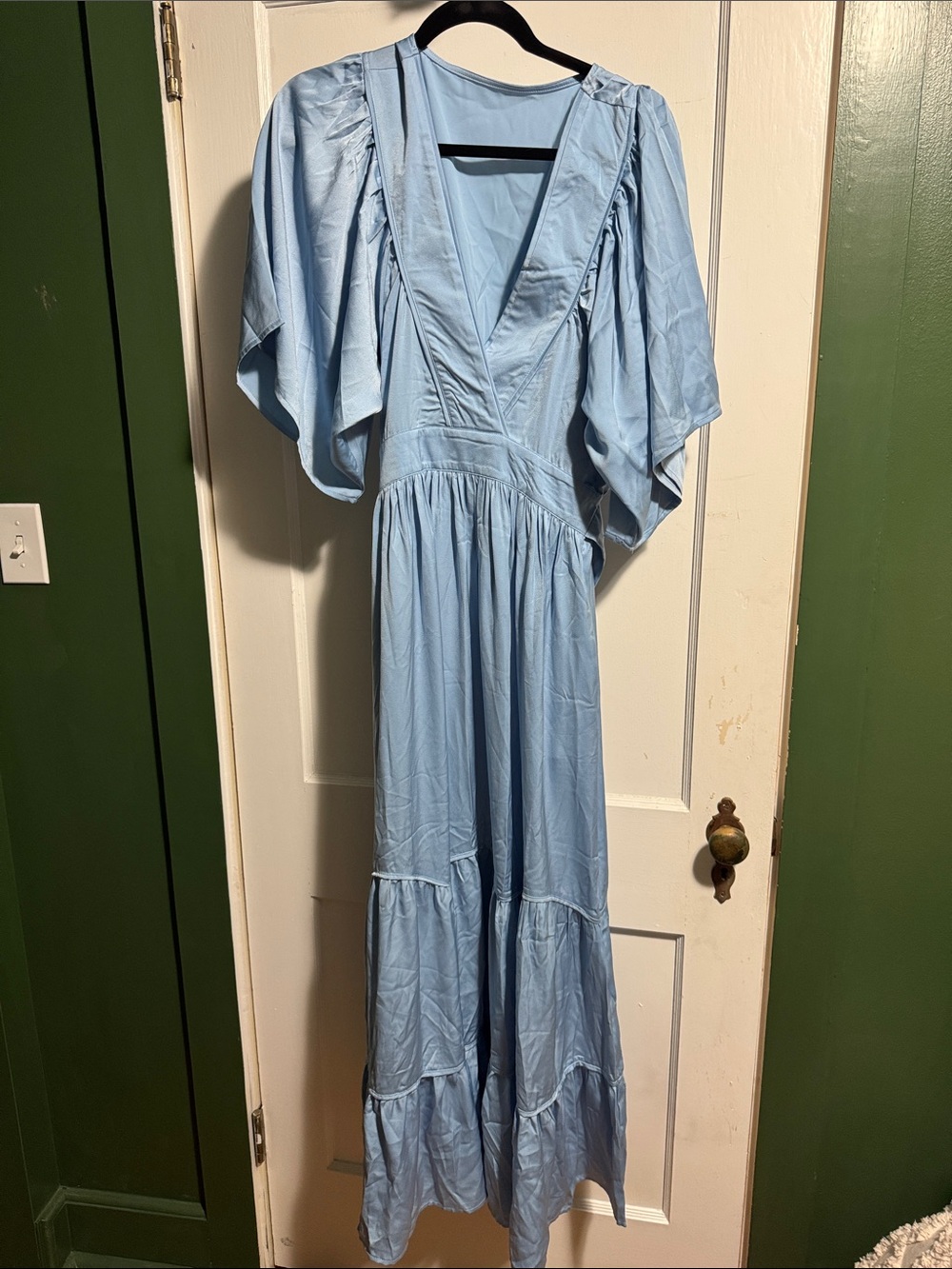 Women’s Sky Blue V-Neck Tiered Maxi Dress with Flutter Sleeves